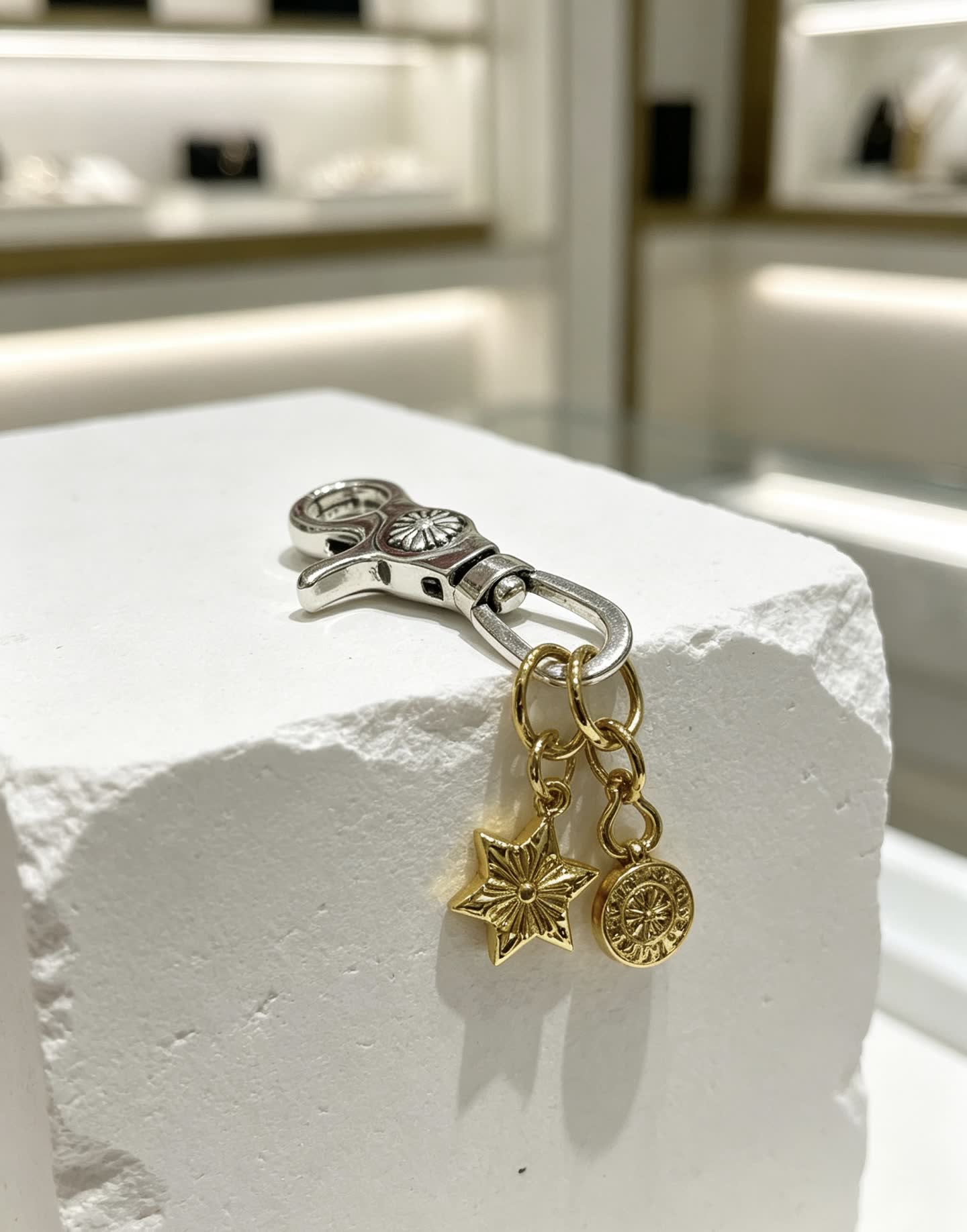 Chrome Hearts Silver Keychain with Gold Star and Coin Charms